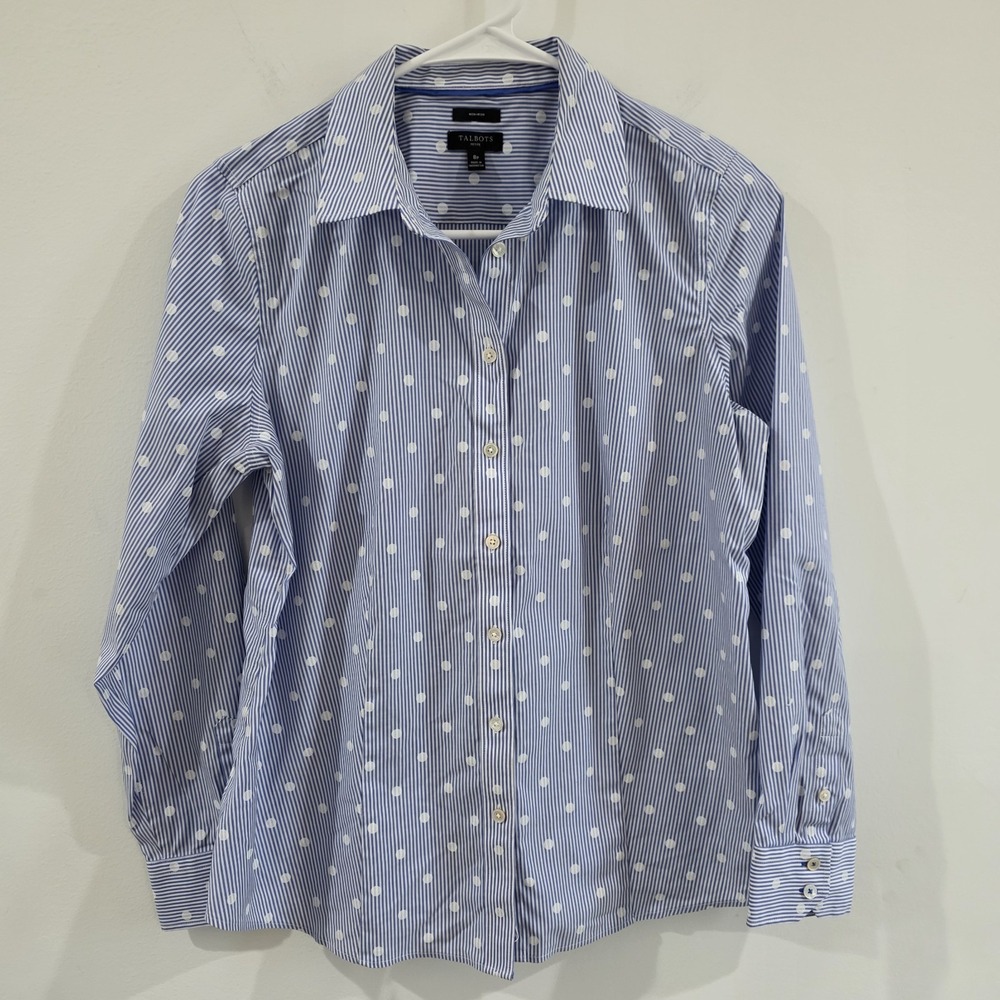Talbots Womens Polka Dot Striped Button Up Top Size 8 Petite Non Iron Career